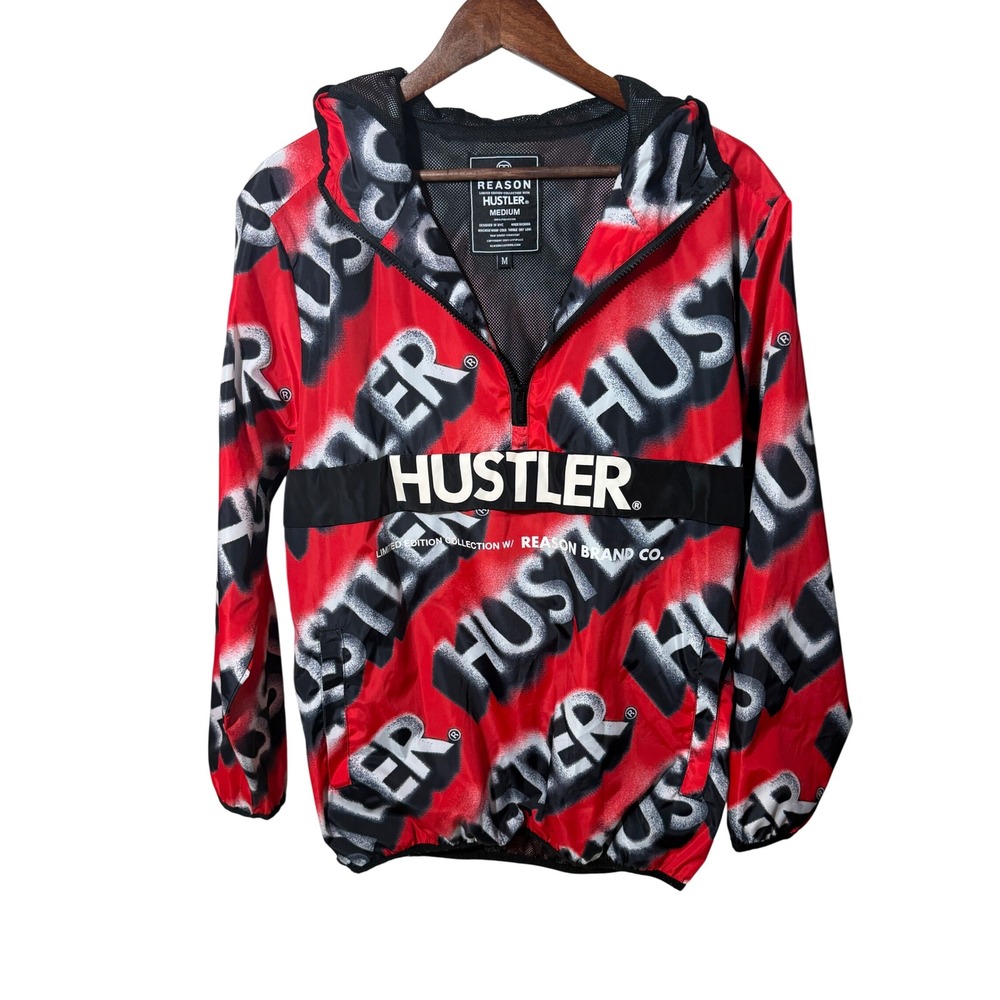 Reason Brand x Hustler Mens Red Black Graphic Windbreaker Half Zip Jacket M